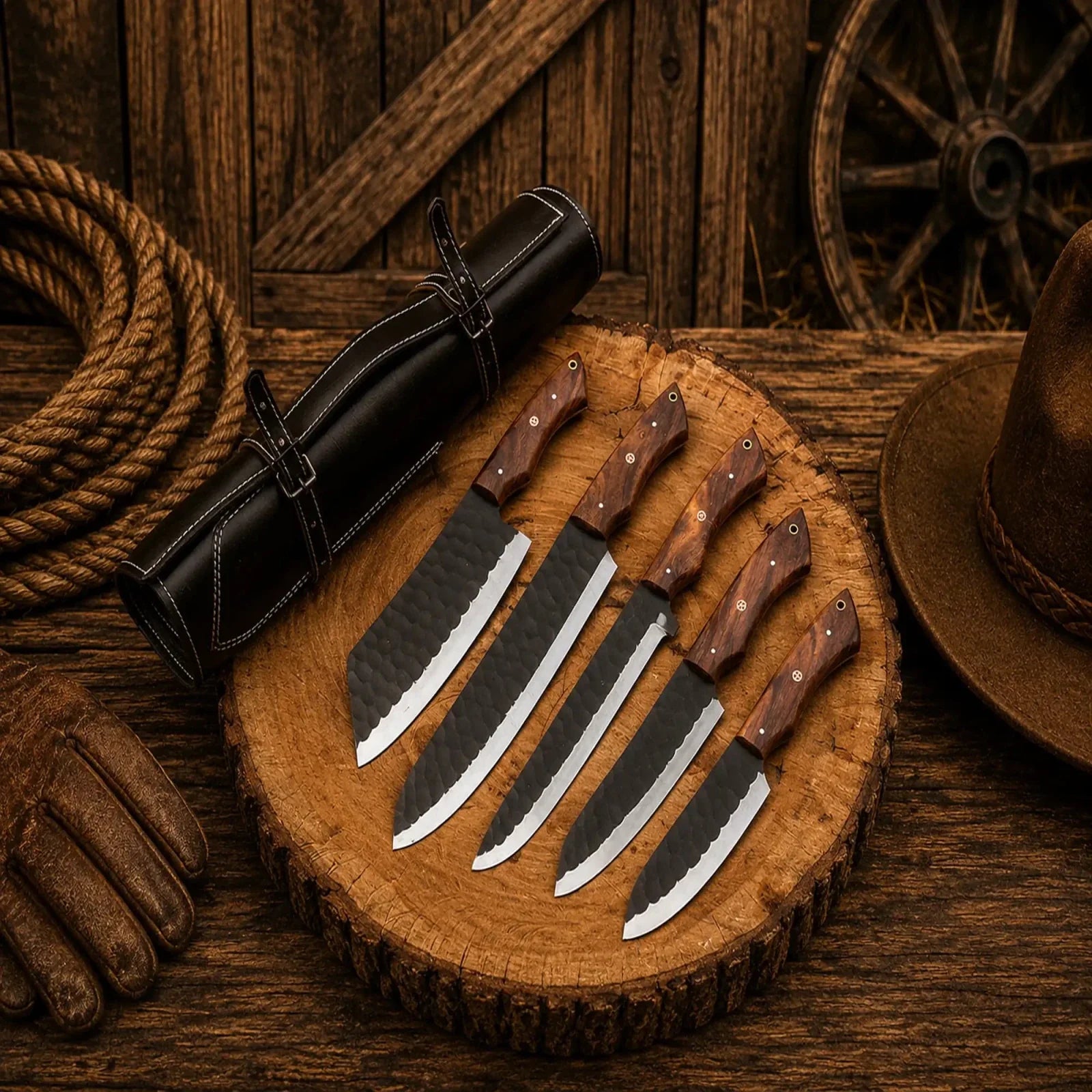 Handmade Chef Knife Set – Carbon Steel 5-Piece Wood Handle