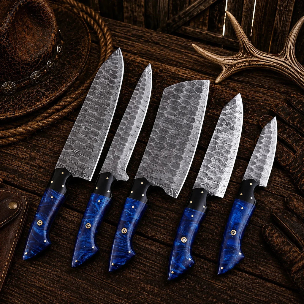 Handmade Forged Damascus Steel Chef Knife Set – Blue Epoxy Resin Handles