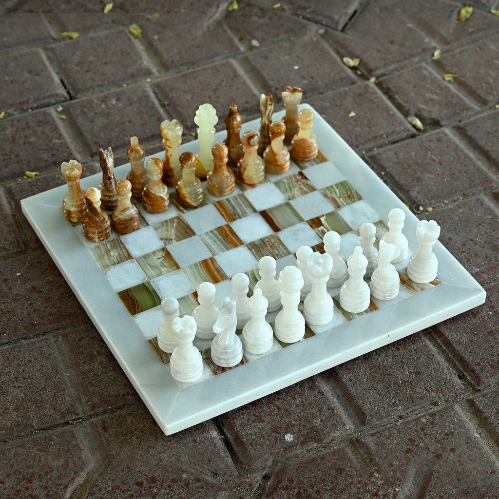 White and Green Onyx Marble Chess Set 12 Inches - Beautiful Handmade
