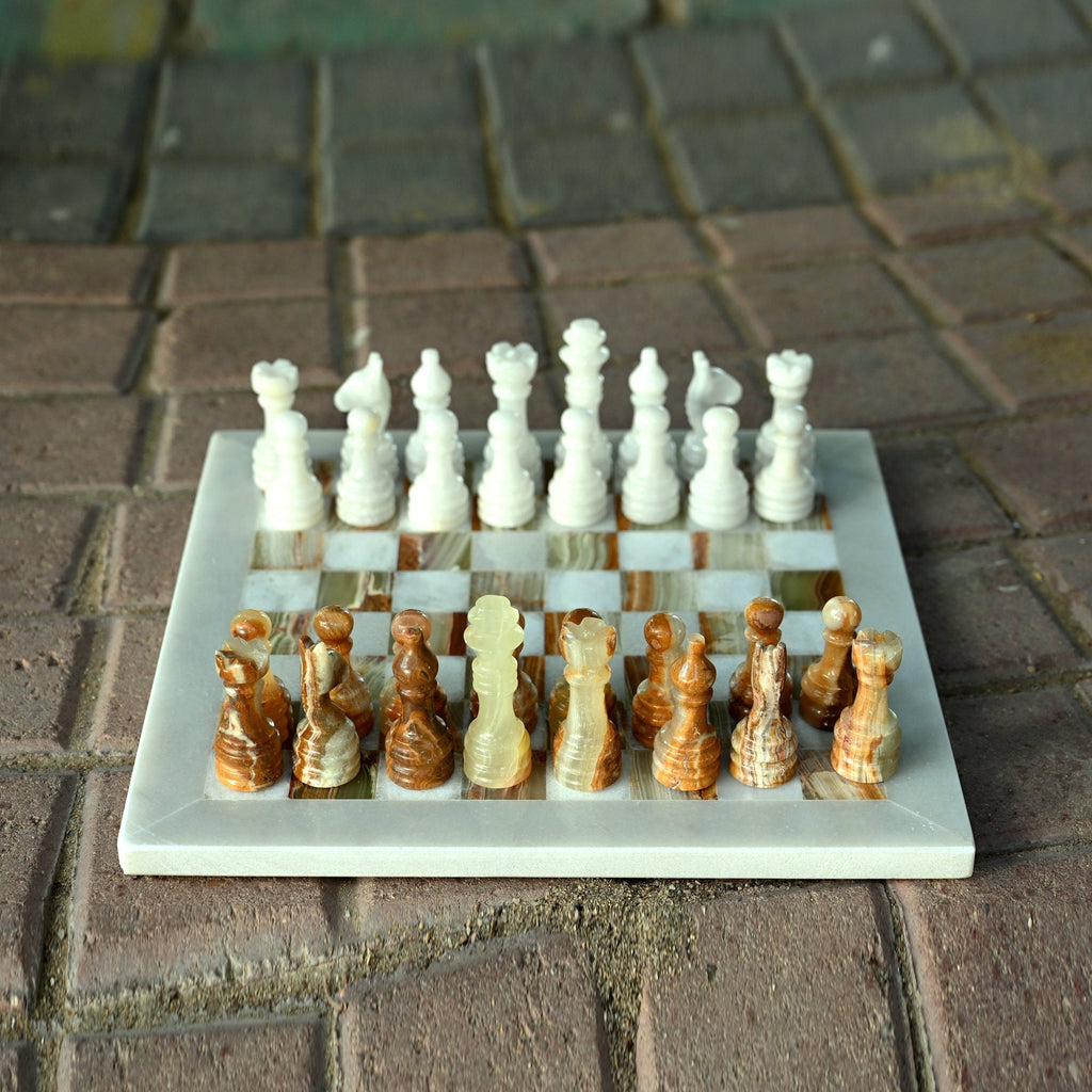 White and Green Onyx Marble Chess Set 12 Inches - Beautiful Handmade