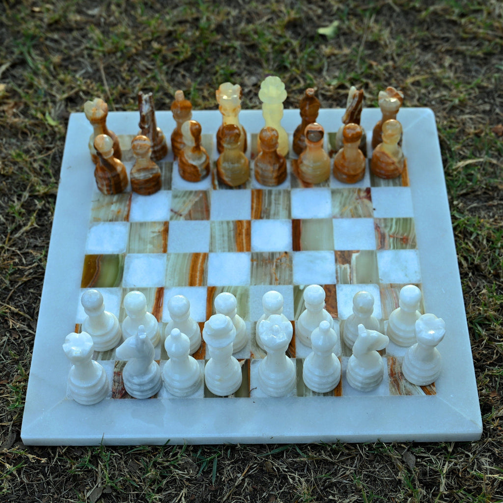 White and Green Onyx Marble Chess Set 12 Inches - Beautiful Handmade