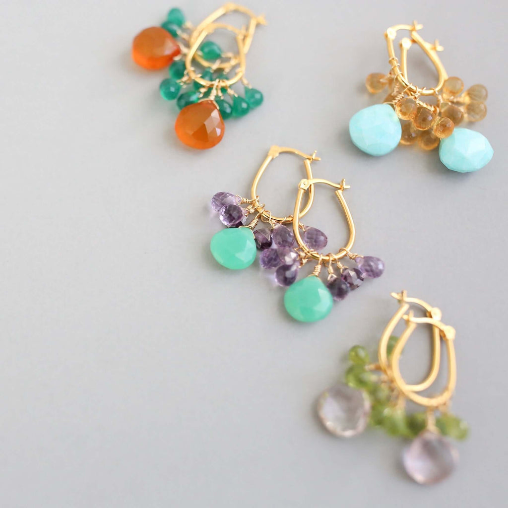 Dark Orange Chalcedony & Green Onyx Gold Earrings