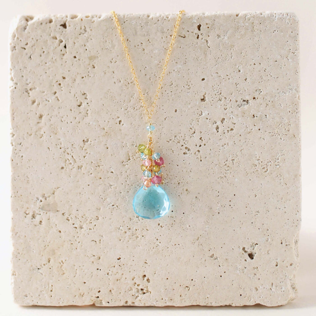 Aquamarine Quartz Silver Raindrop Cluster Necklace