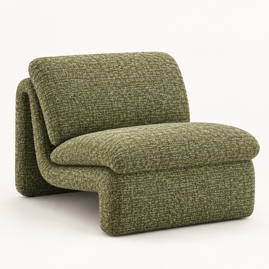 Jaeda sculptural lounge chair in olive on a clean warm-white background