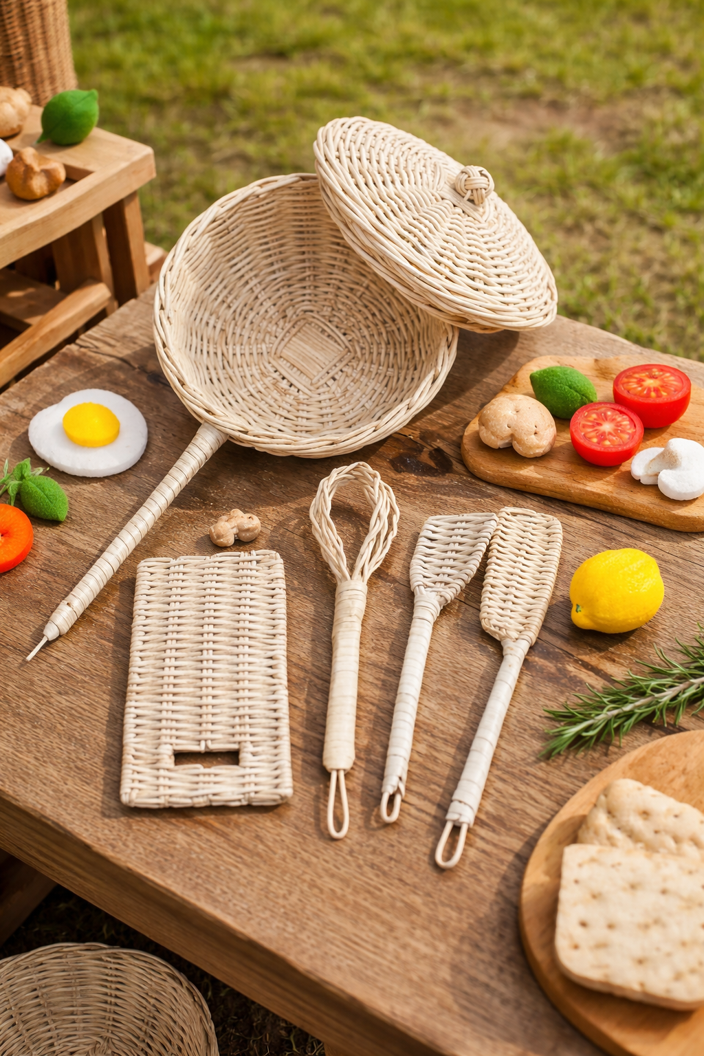 Rattan Play Kitchen Utensil Set
