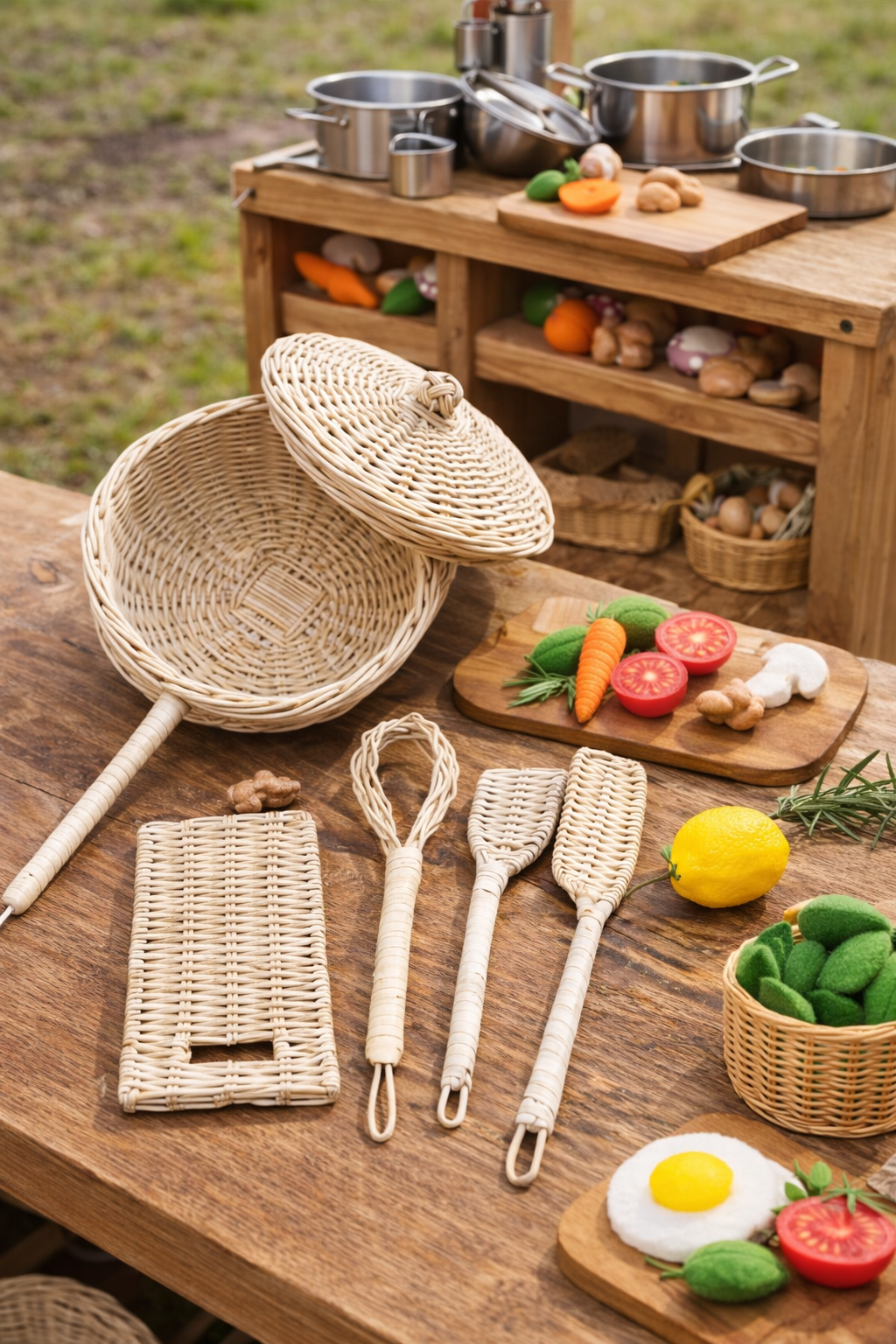 Rattan Play Kitchen Utensil Set