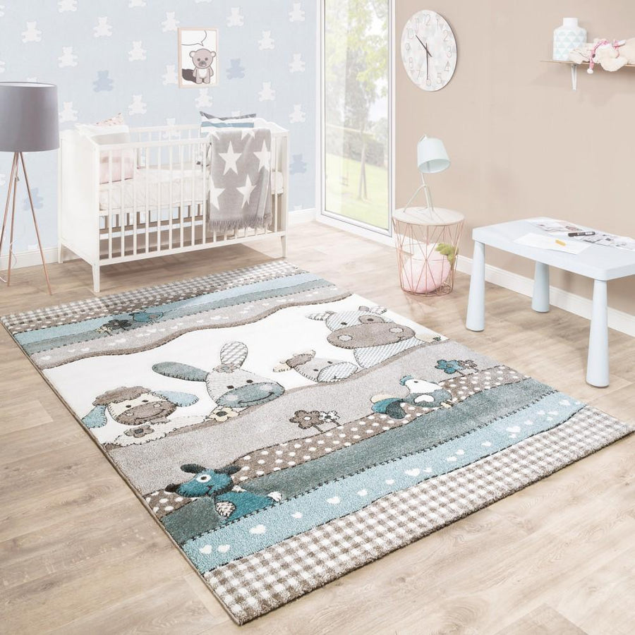 Pastel Farm Animals Nursery Rug — Beige Cream