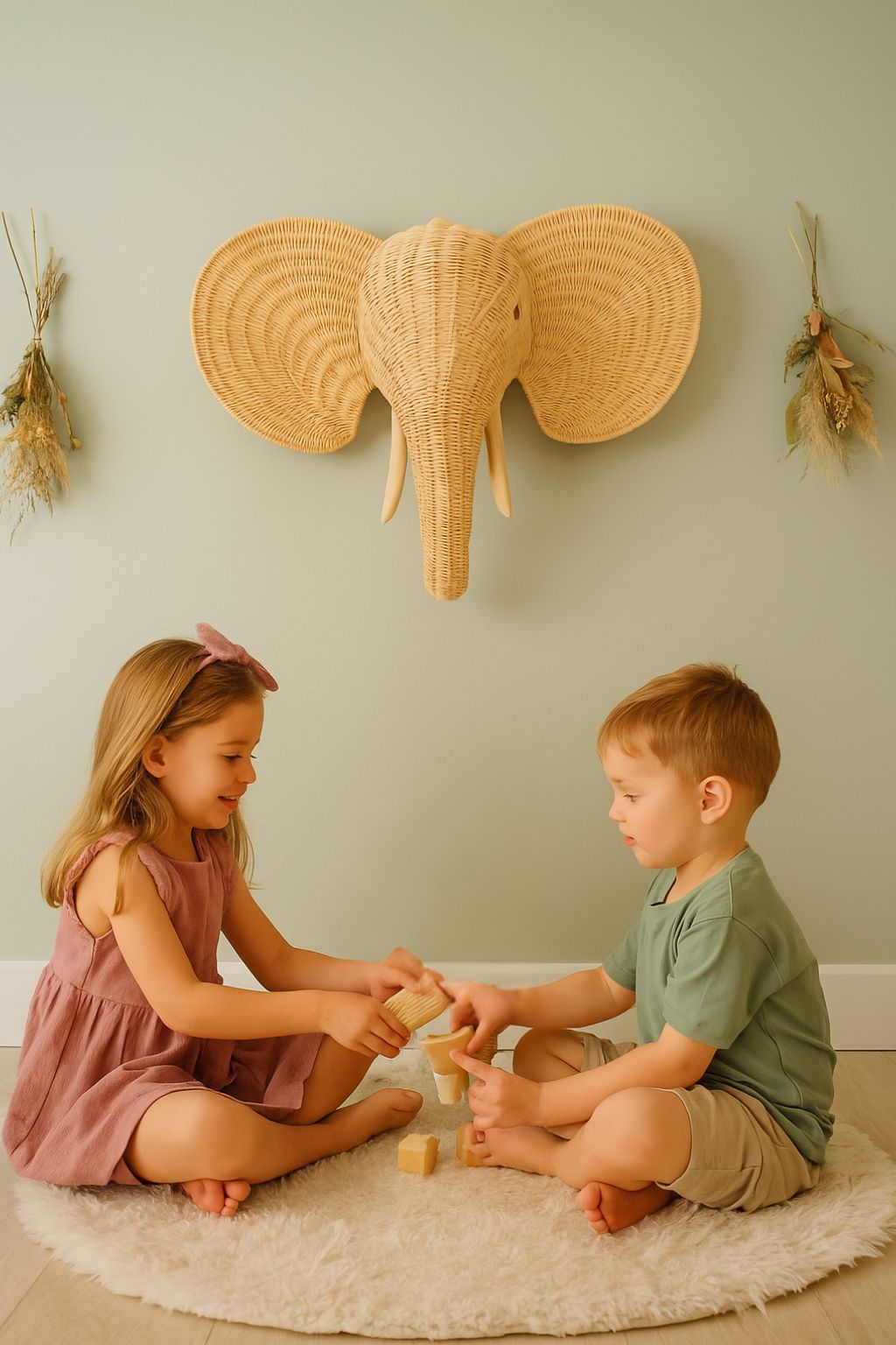Natural & White Rattan Elephant Wall Decor
