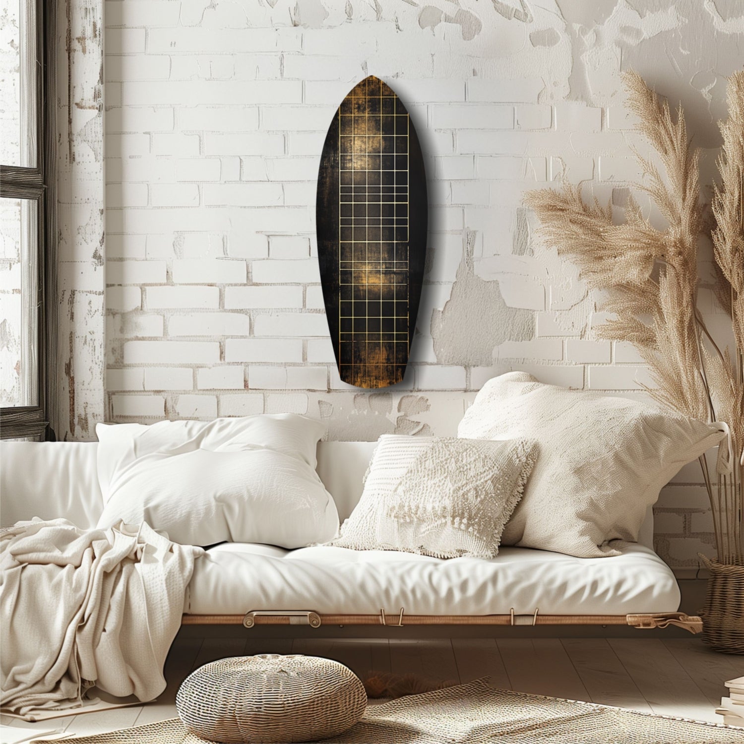 Yellow Line Grid Weathered Surfboard Glass Wall Art