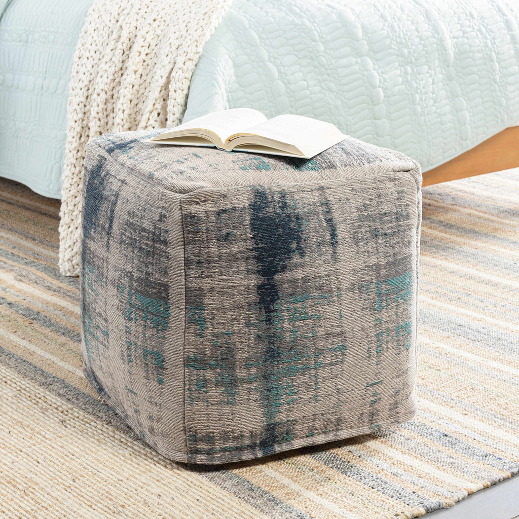 Albertville Aqua & Gray Jacquard Pouf