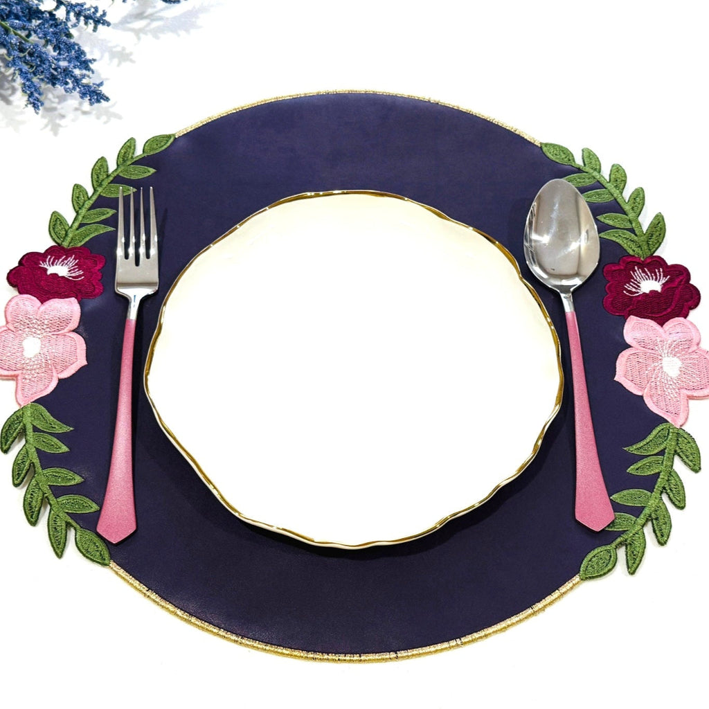 JASMINE PURPLE ORANGE ROUND FAUX LEATHER PLACEMAT (Set Of 4)