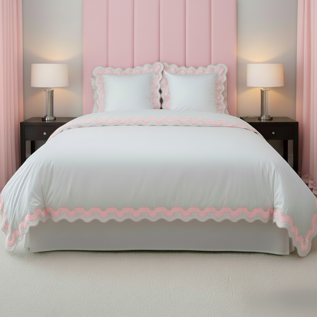 400TC U Shape Applique Scalloped Embroidery Cotton Duvet Cover Set