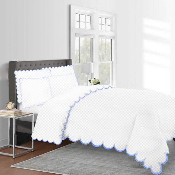 Allena 400TC Cotton Scallop Embroidery Sateen Microcheck Duvet Cover Set