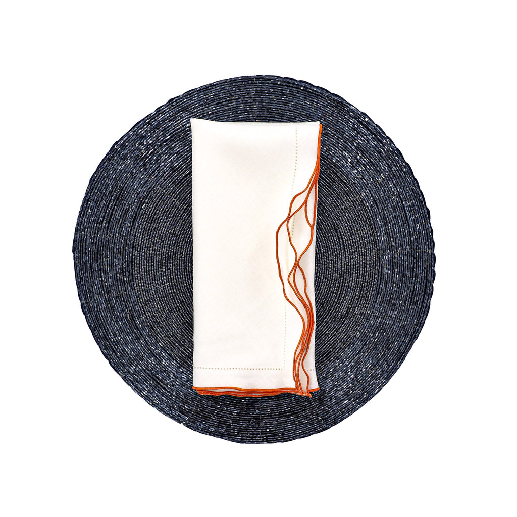 White Linen Napkins With Orange Ruffled Hemstitch Edges, Set of 4