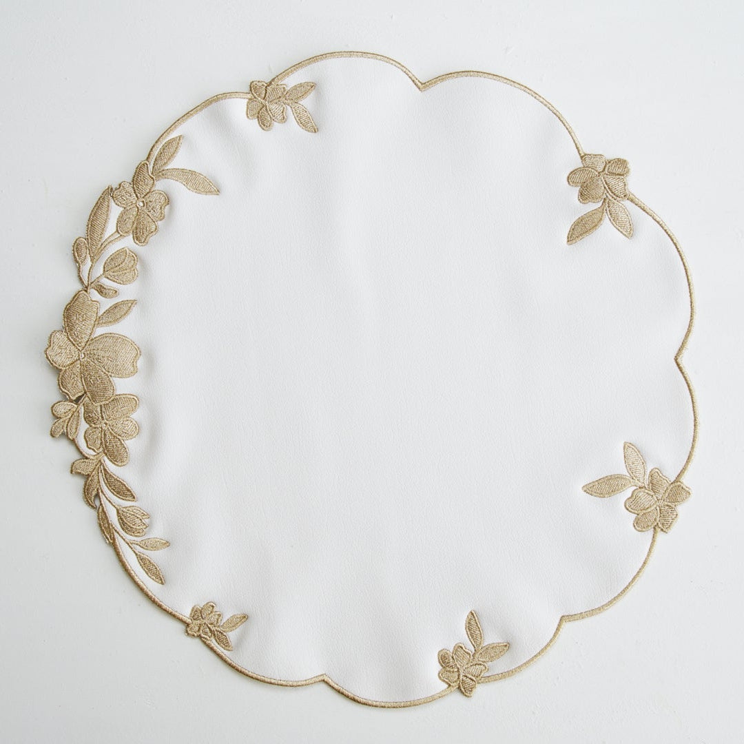 LOTUS WHITE GOLD ROUND FAUX LEATHER PLACEMAT (Set Of 4)