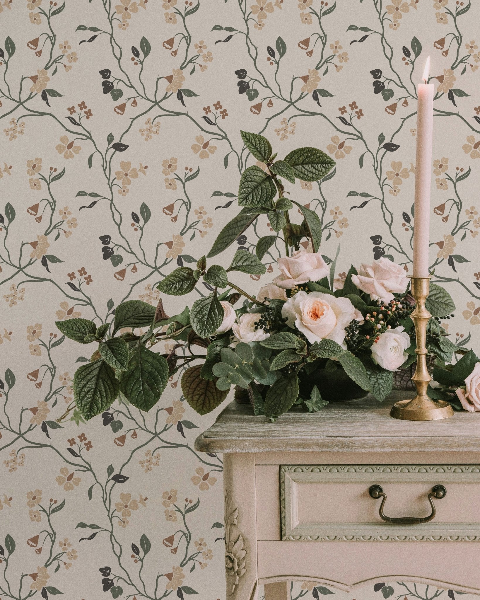 Lunaria Vine Wallpaper in Soft Alabaster