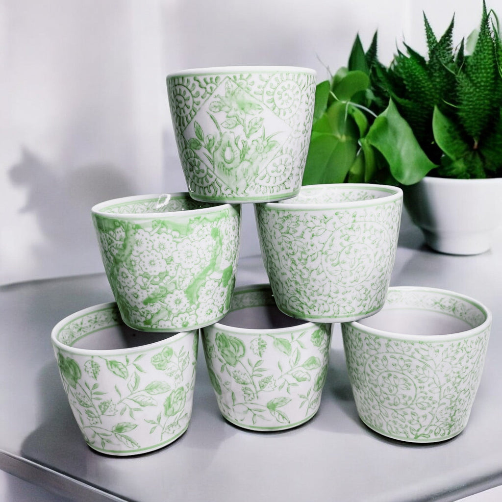 Mini Green Porcelain Cachepots — Set of 6