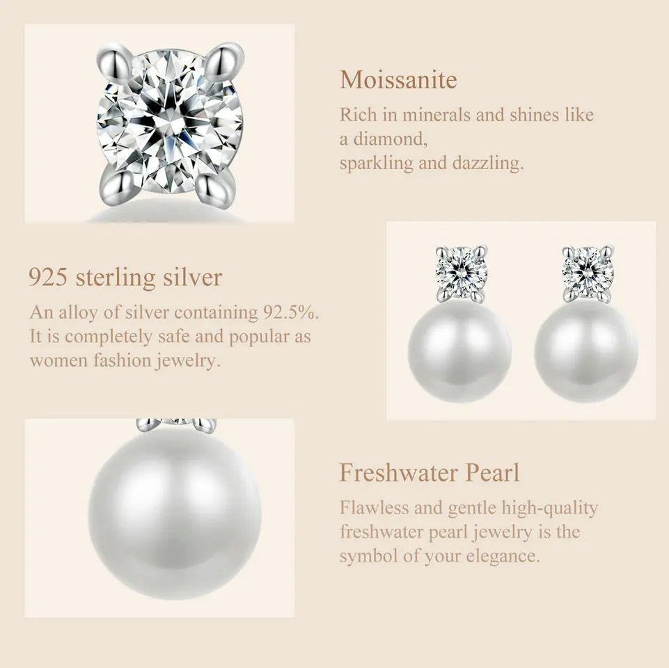 Moissanite 925 Sterling Silver Freshwater Pearl Stud Earrings VVS1 Lab Diamond