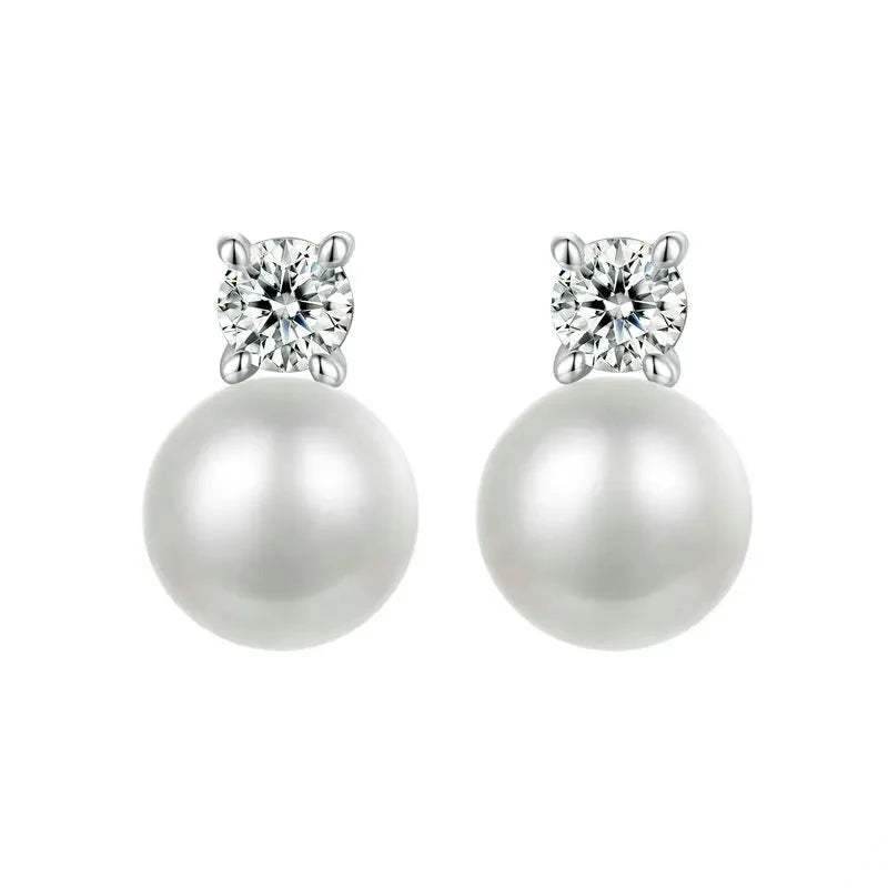 Moissanite 925 Sterling Silver Freshwater Pearl Stud Earrings VVS1 Lab Diamond
