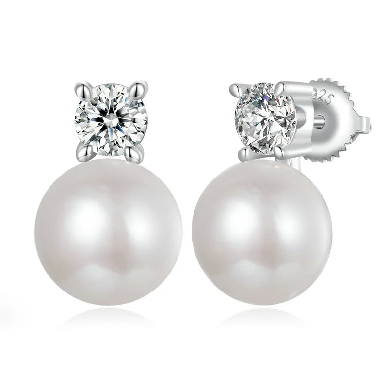 Moissanite 925 Sterling Silver Freshwater Pearl Stud Earrings VVS1 Lab Diamond