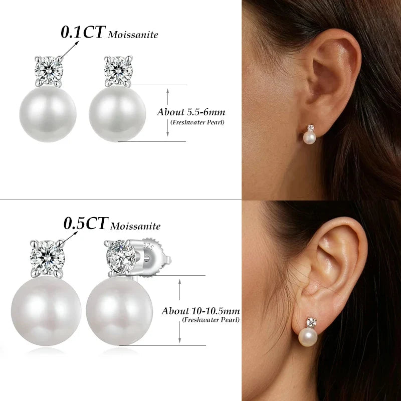Moissanite 925 Sterling Silver Freshwater Pearl Stud Earrings VVS1 Lab Diamond