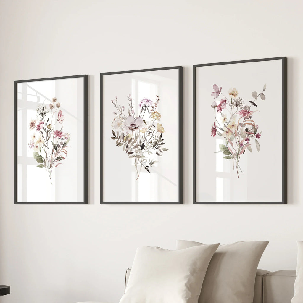 Floral Art Set of 3. Watercolor Wildflower Bouquet Prints