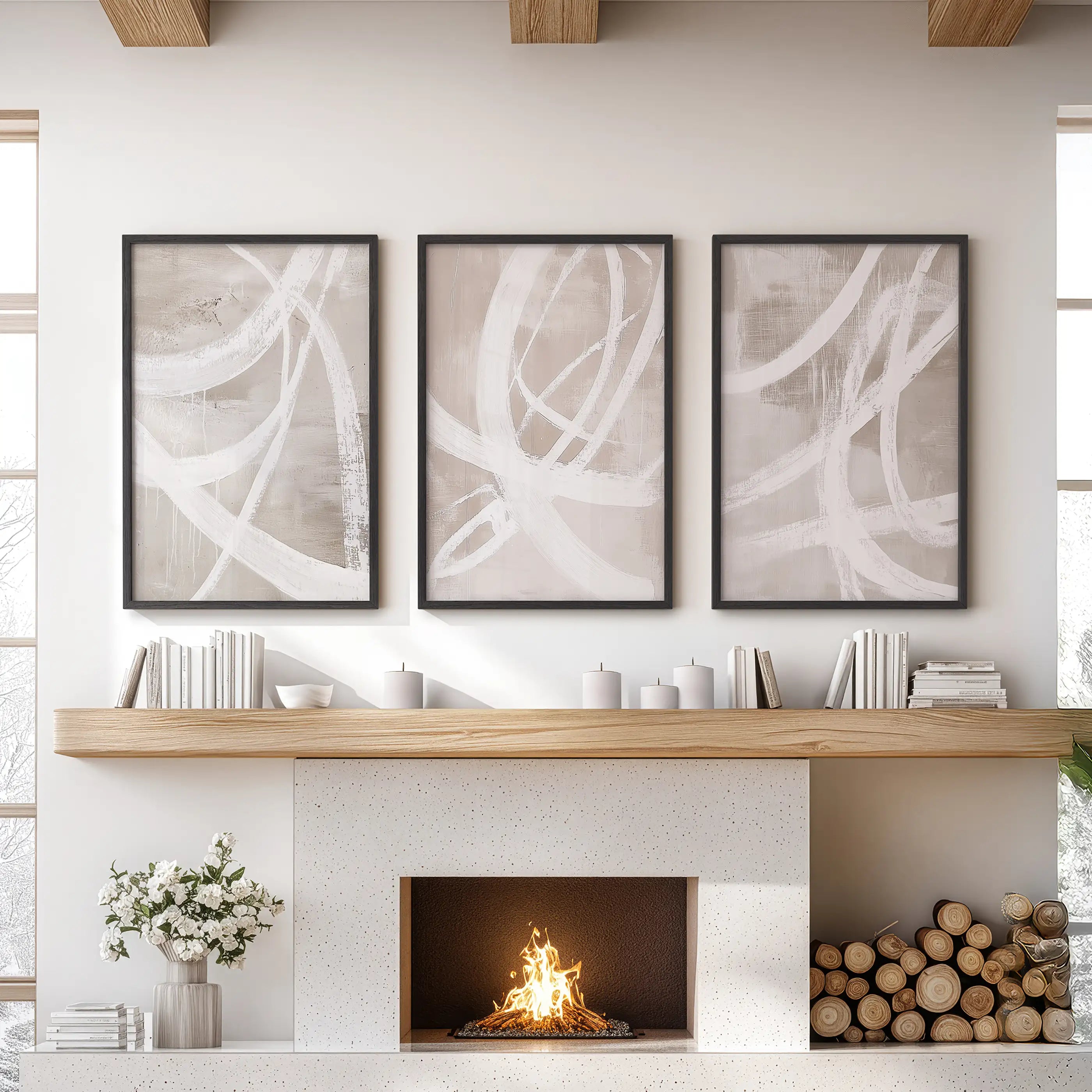 Modern Minimalist Abstract Triptych. Neutral Brush Stroke Art