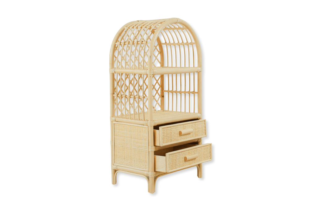 Boho Rattan Kids Bookshelf & Toy Storage | Montessori Doll Shelf – Eco-Friendly Nursery & Playroom Furniture