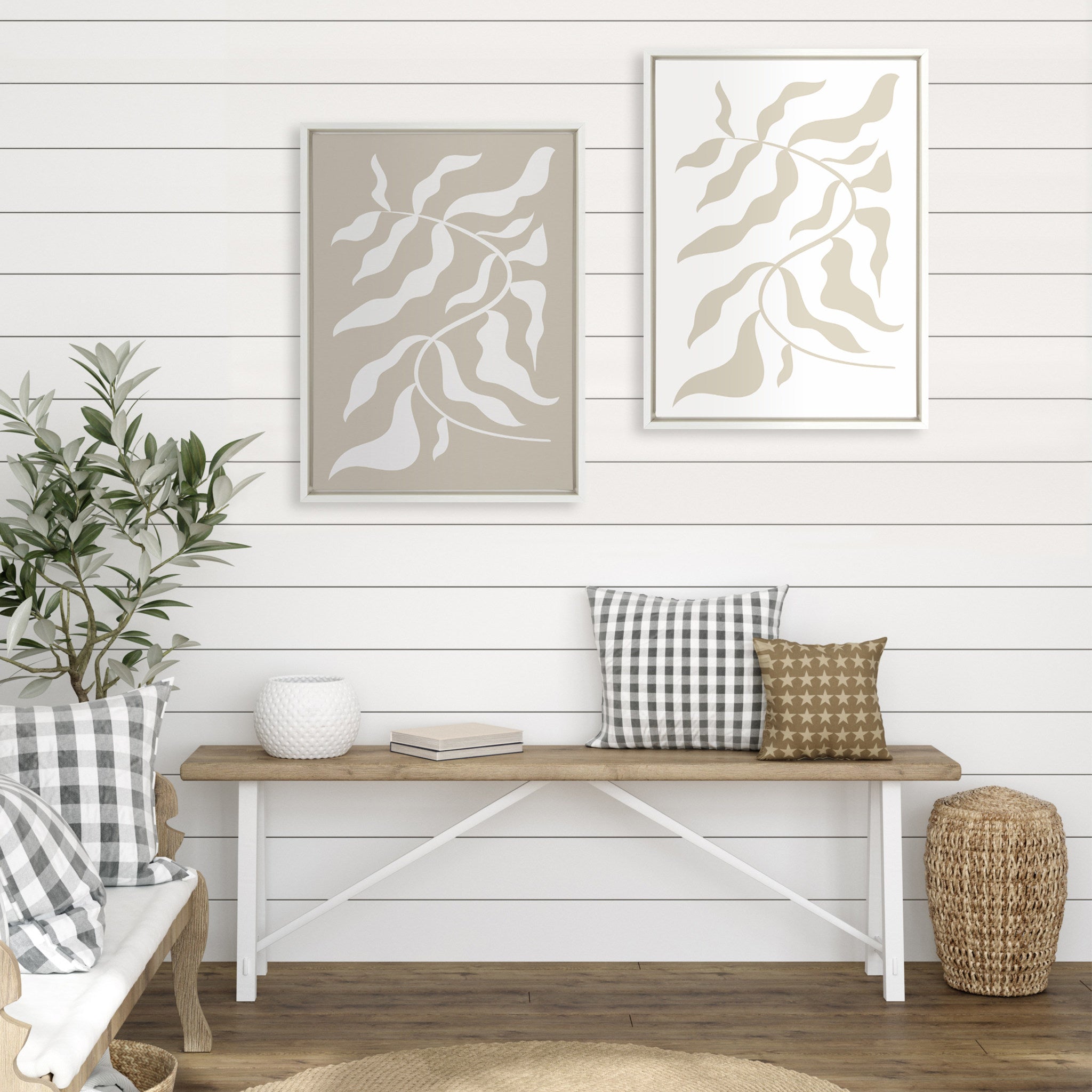 Sylvie Modern Matisse Inspired Botanical White on Beige and Beige on White Framed Canvas by The Creative Bunch Studio