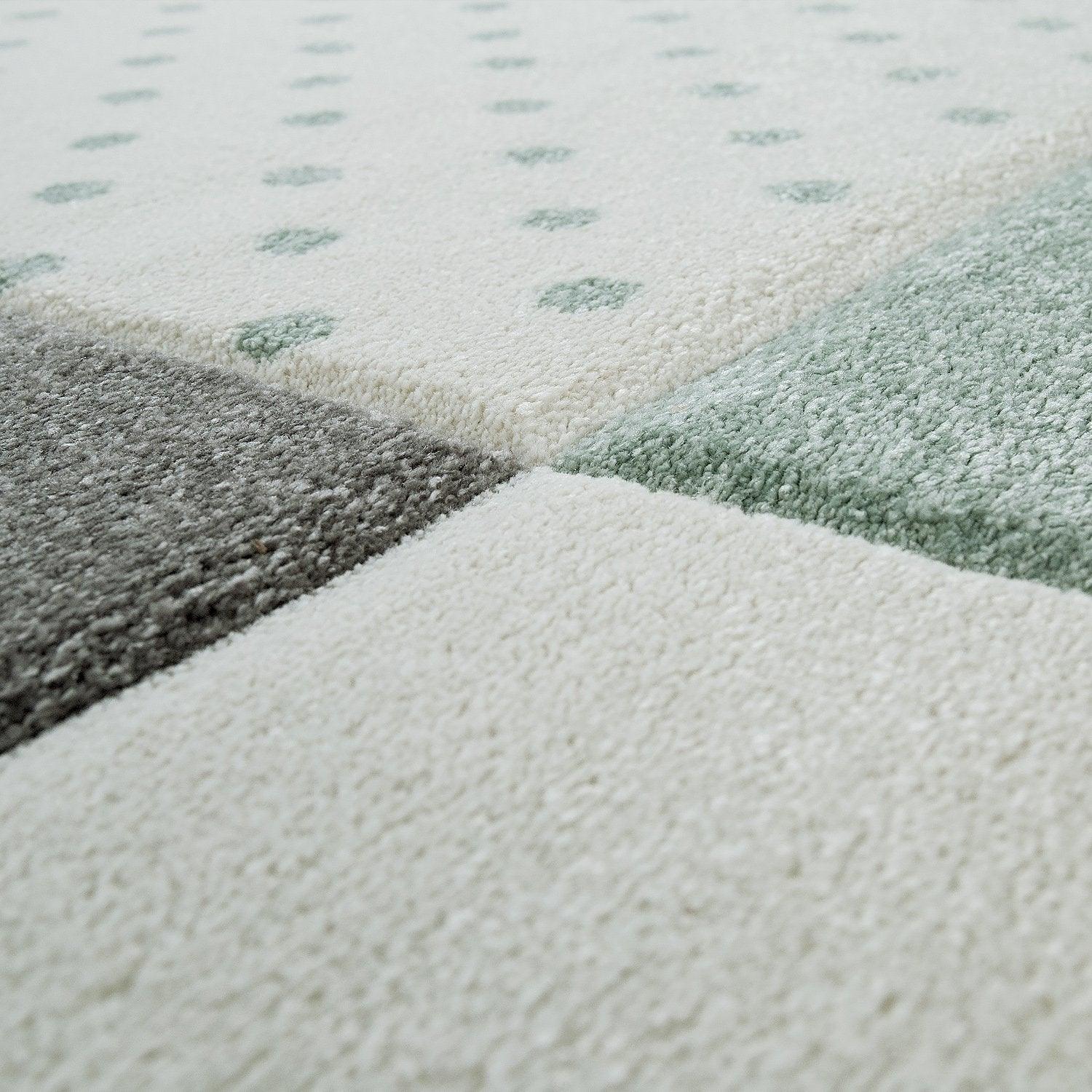 Nursery Rug Kids Checked Dots Hearts Stars in Pastel Green Grey