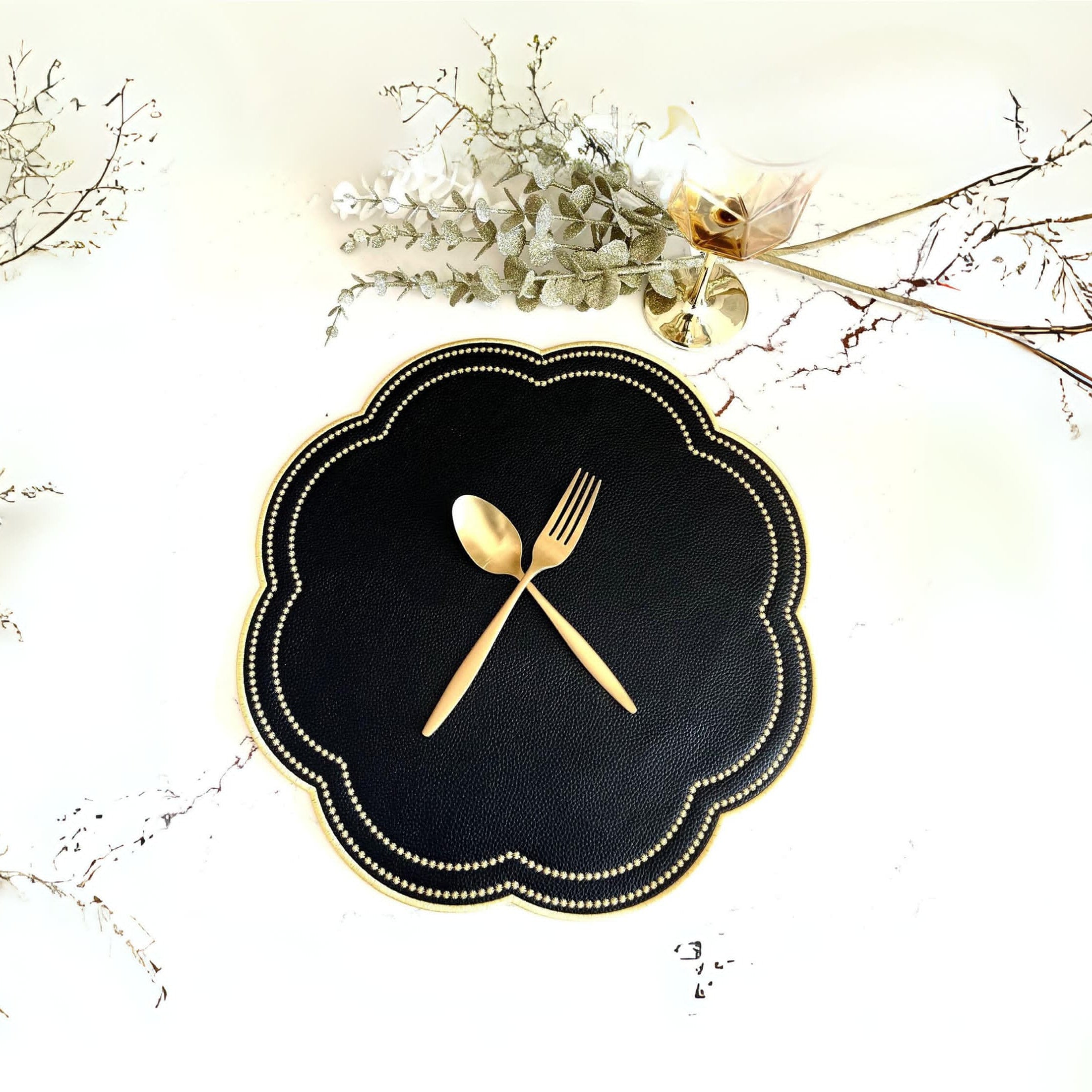 NURTURE BLACK GOLD SCALLOPED FAUX LEATHER PLACEMAT (Set Of 4)