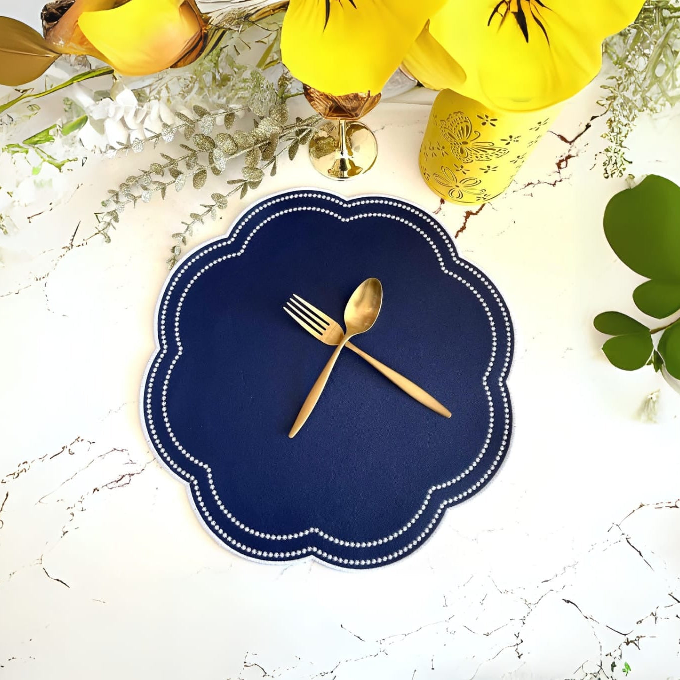 NURTURE BLUE FAUX LEATHER SCALLOPED PLACEMAT (Set Of 4)