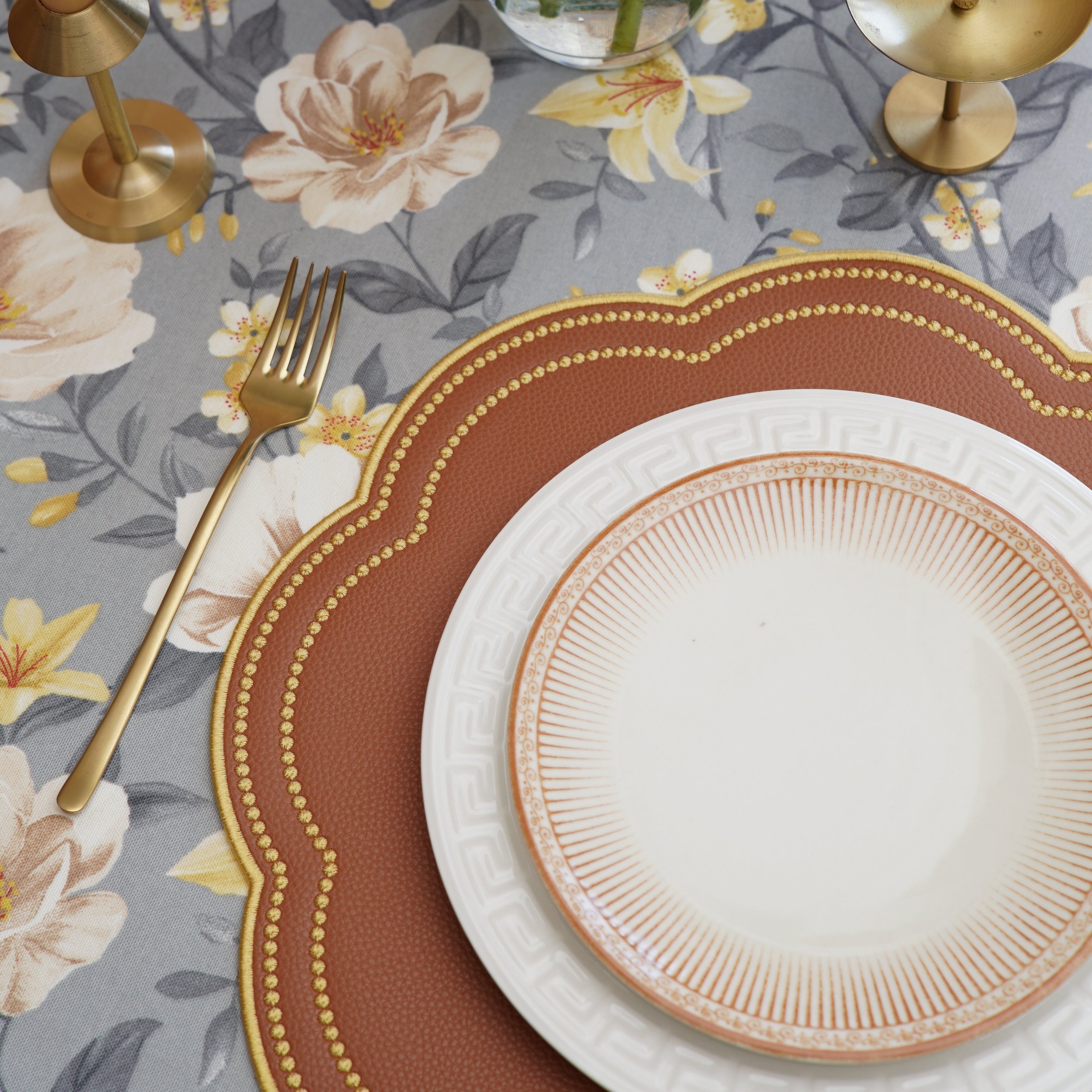 NURTURE BROWN GOLD SCALLOPED FAUX LEATHER PLACEMAT (Set Of 4)