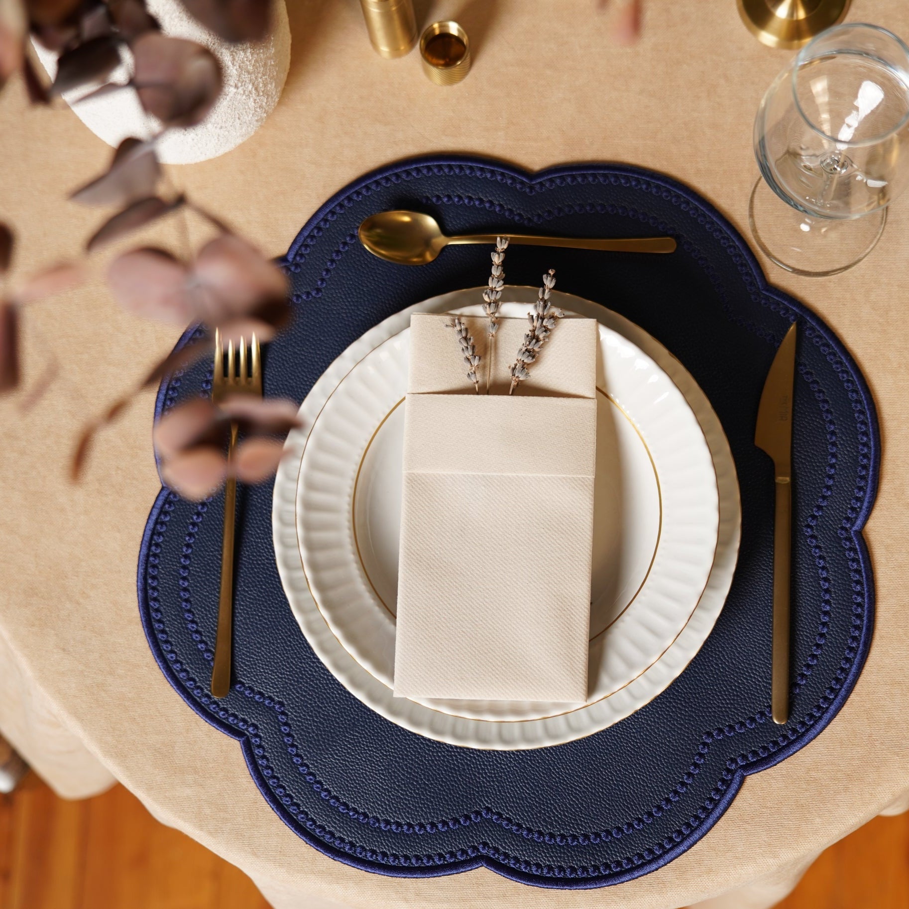 NURTURE NAVY BLUE FAUX LEATHER SCALLOPED PLACEMAT (Set Of 4)