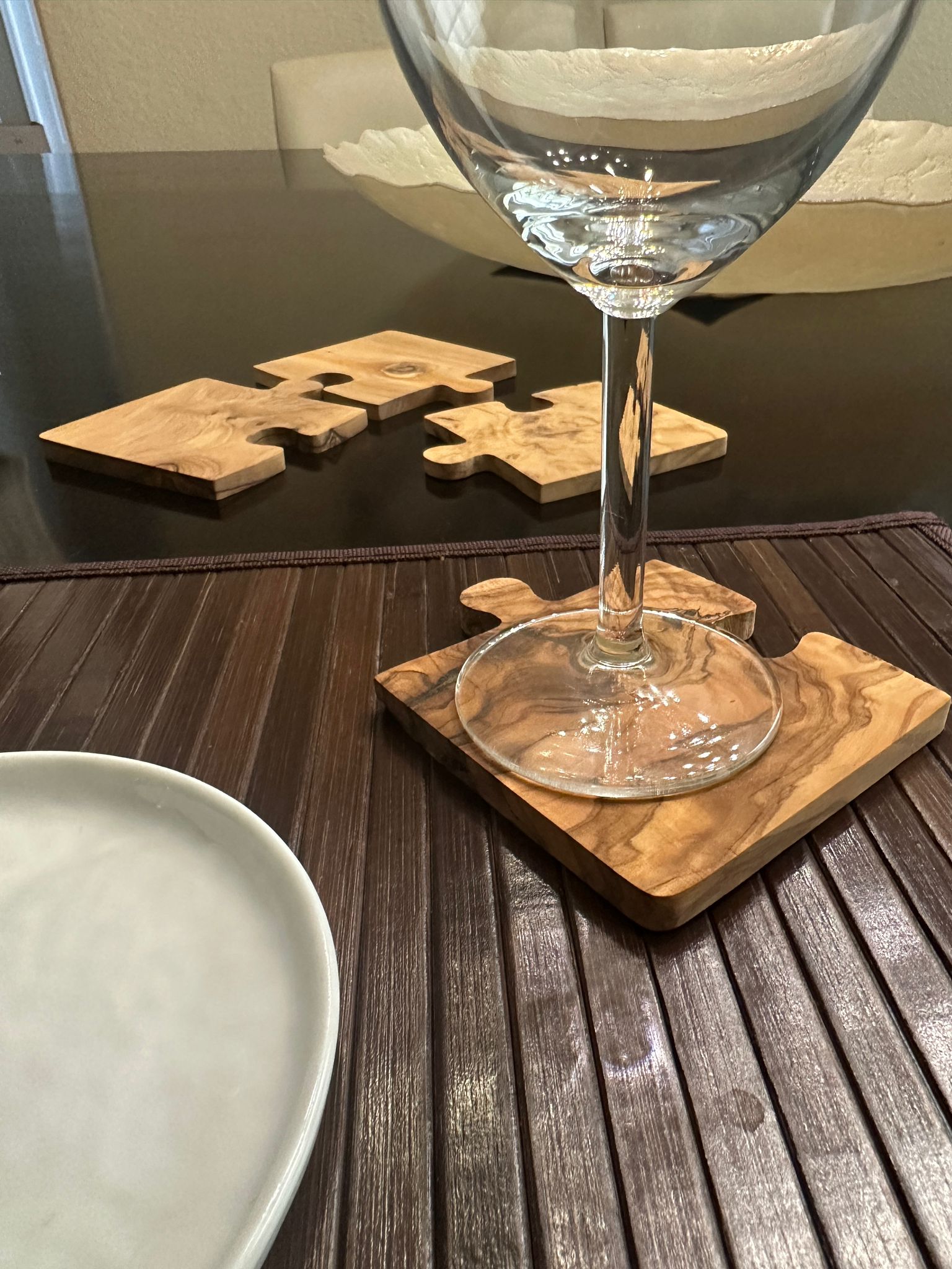 Olive Wood Puzzle Coasters — Set of 4