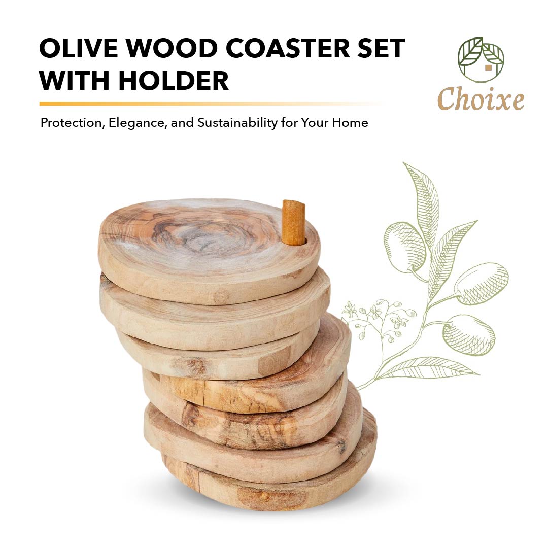 Olive Wood Coasters with Holder — Set of 7