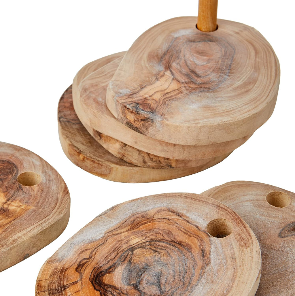 Olive Wood Coasters with Holder — Set of 7