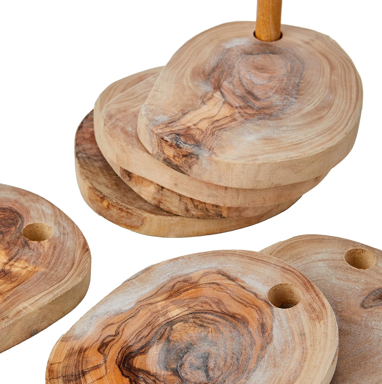 Olive Wood Coasters with Holder — Set of 7