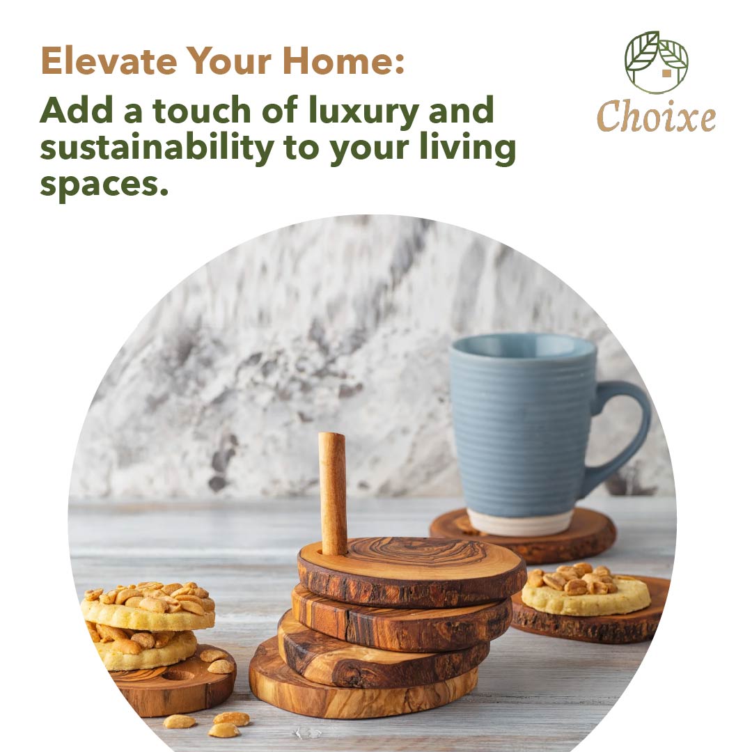 Olive Wood Coasters with Holder — Set of 7