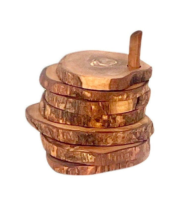 Olive Wood Coasters with Holder — Set of 7