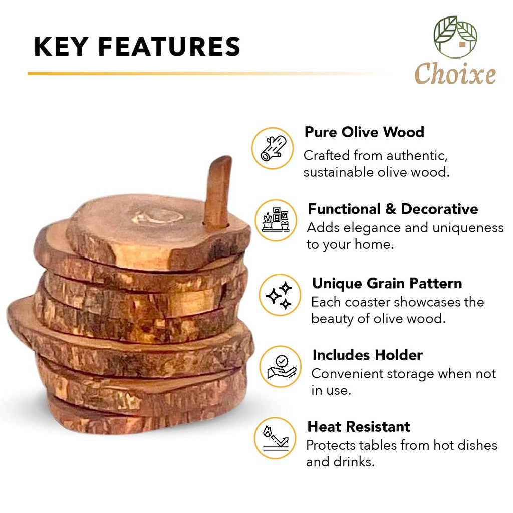 Olive Wood Coasters with Holder — Set of 7