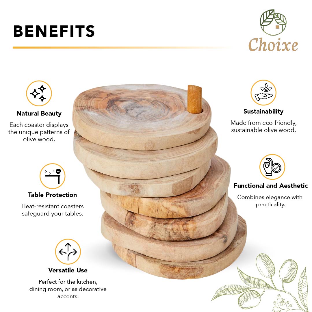 Olive Wood Coasters with Holder — Set of 7