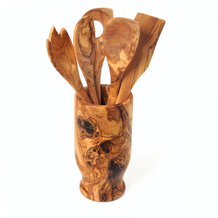 Olive Wood Utensil Set with Holder — 6 Piece