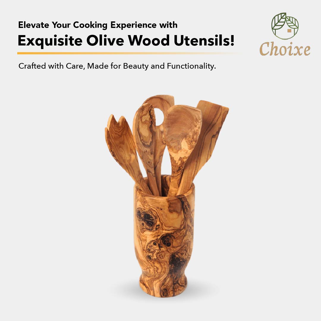 Olive Wood Utensil Set with Holder — 6 Piece
