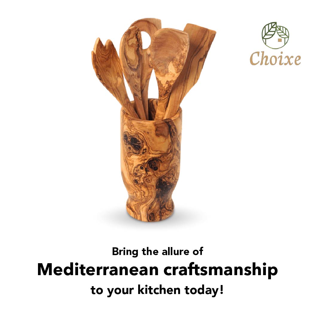 Olive Wood Utensil Set with Holder — 6 Piece