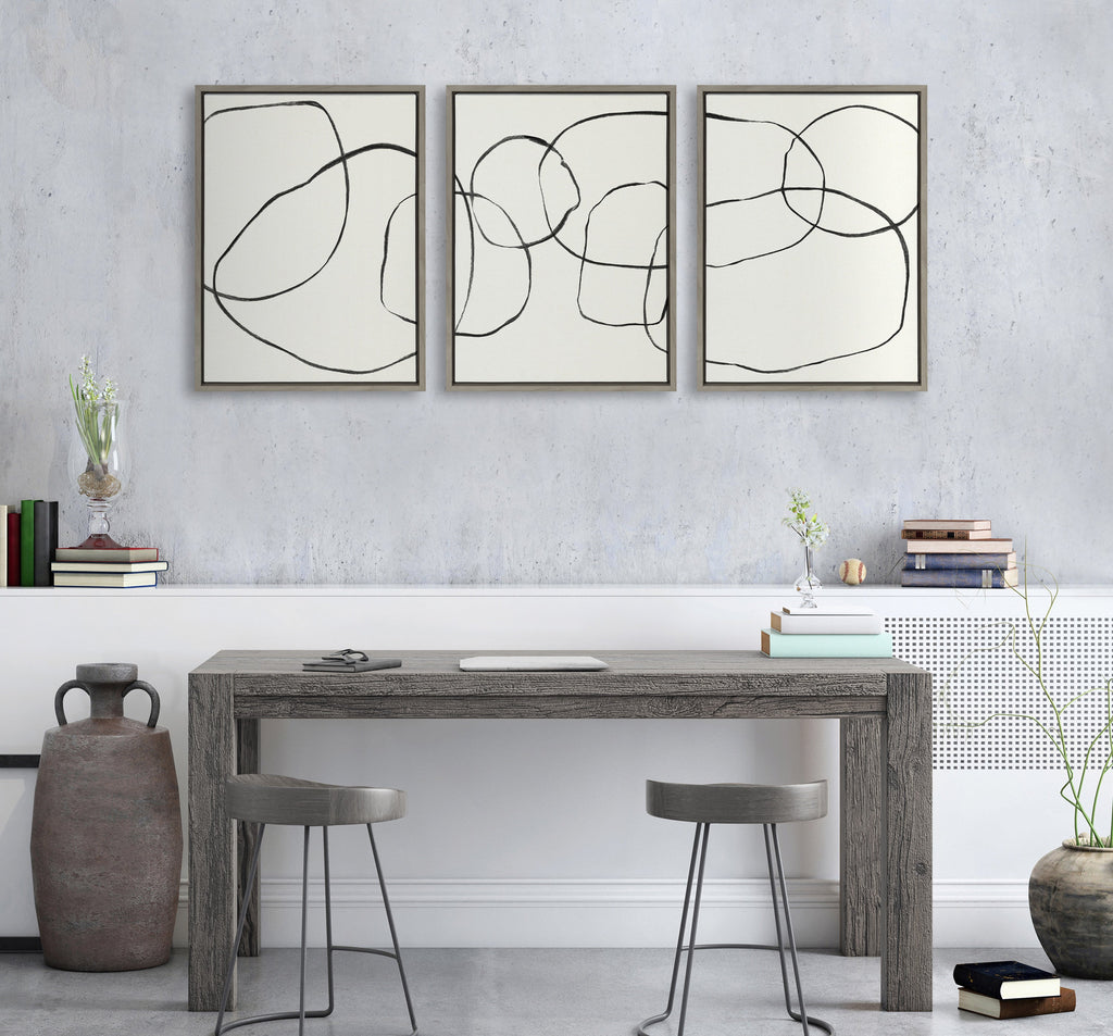 Sylvie Dancing Circles BW Framed Canvas by Teju Reval of SnazzyHues