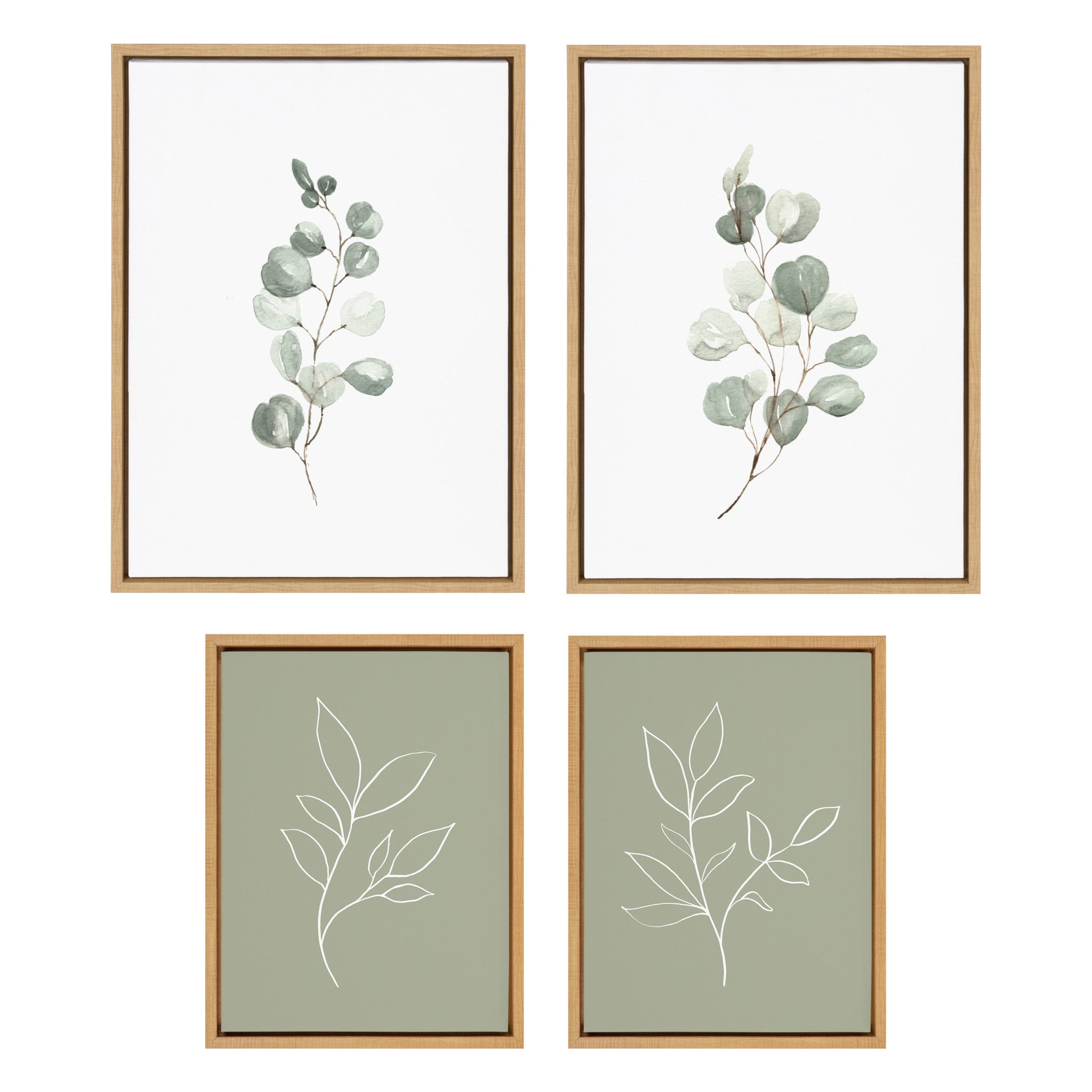 Sylvie Eucalyptus 4a, Eucalyptus 4b and Modern Sage Green Botanical Line Sketch Print 1 and 3 Framed Canvas Art Set by Various Artists