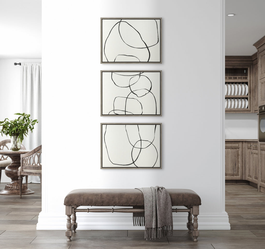 Sylvie Dancing Circles BW Framed Canvas by Teju Reval of SnazzyHues