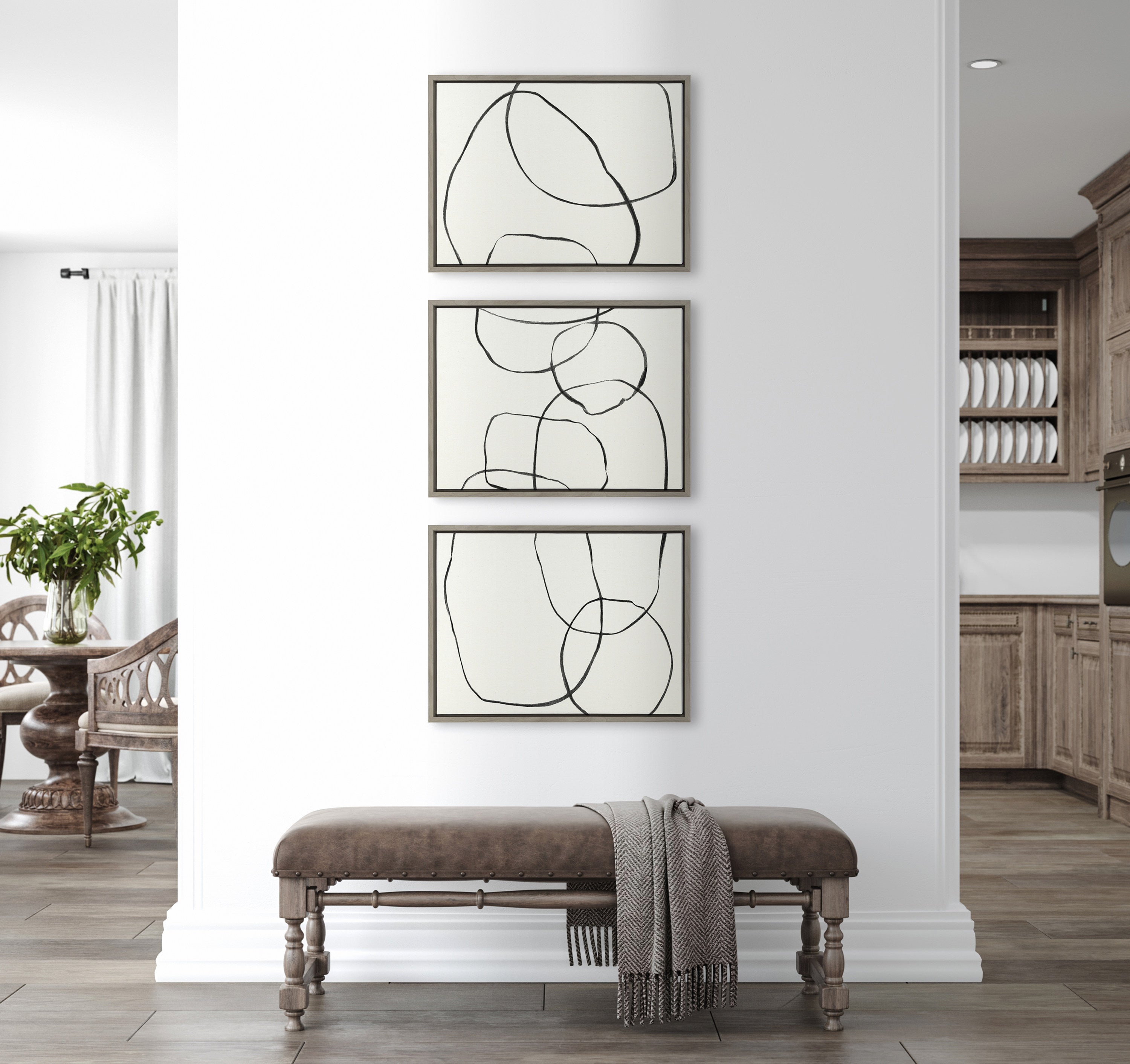 Sylvie Dancing Circles BW Framed Canvas by Teju Reval of SnazzyHues