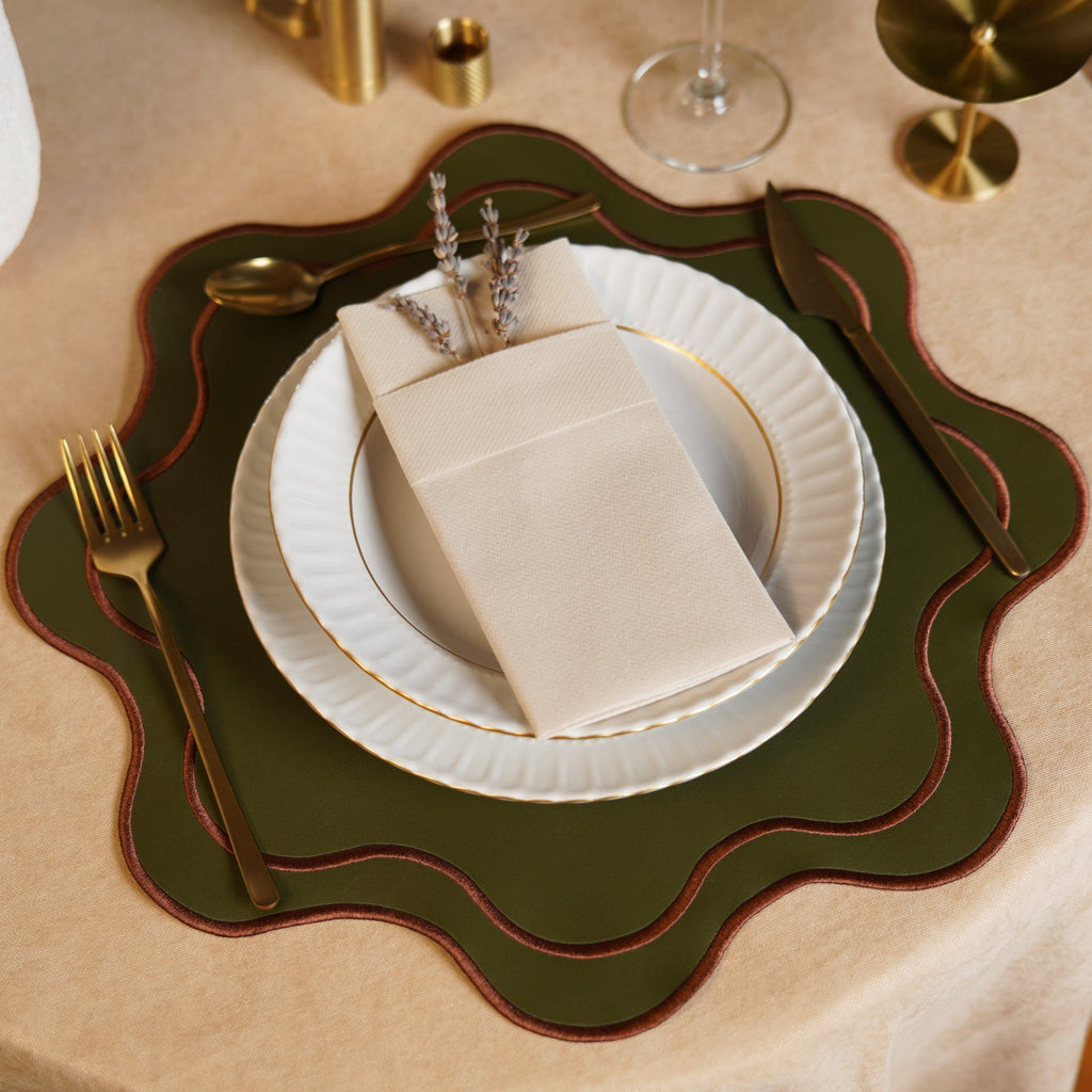 HAVEN DARK GREEN BROWN TRIM WAVY EDGE FAUX LEATHER PLACEMAT (Set Of 4)